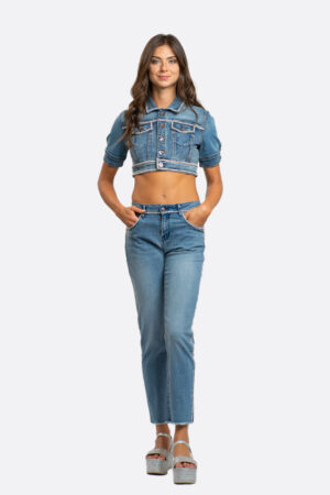 Giubbino jeans corto con profili strass