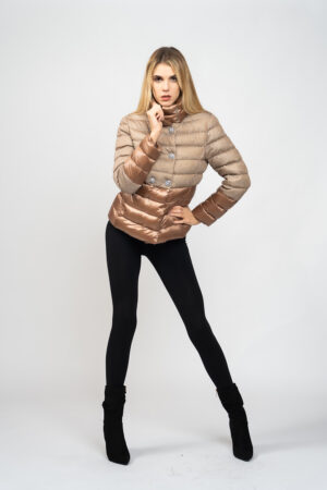 Double-breasted short lurex down jacket
