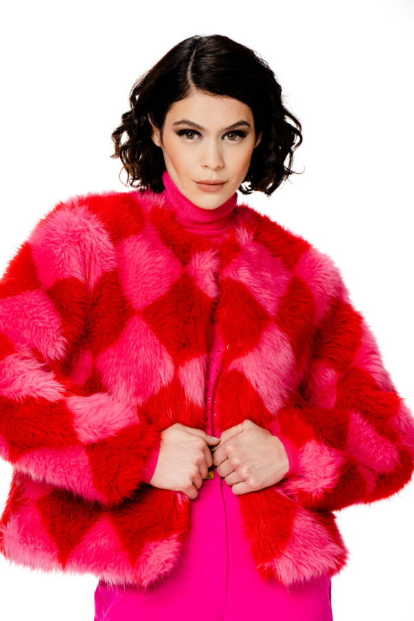 Checkered Eco Fur Coat - Image 5