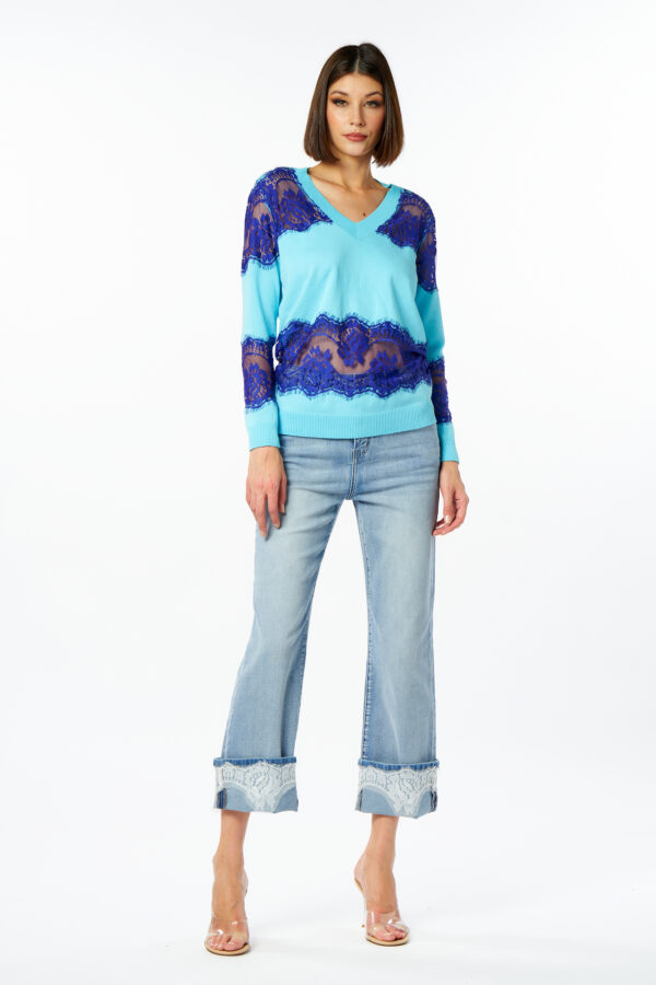 Contrasting lace V-neck sweater
