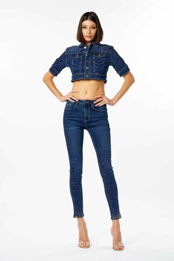 Short Denim Jacket With Diamond Cascade