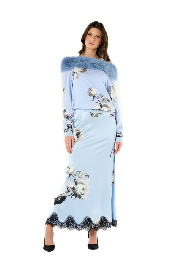Printed Faux Fur Sweater With Boat Neckline