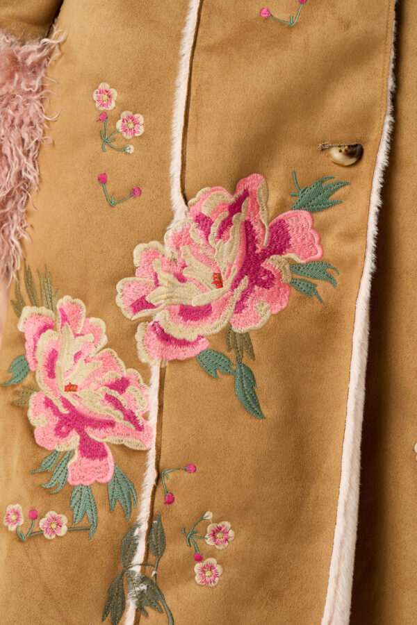 Faux Fur Coat With Rose Embroidery - Image 4
