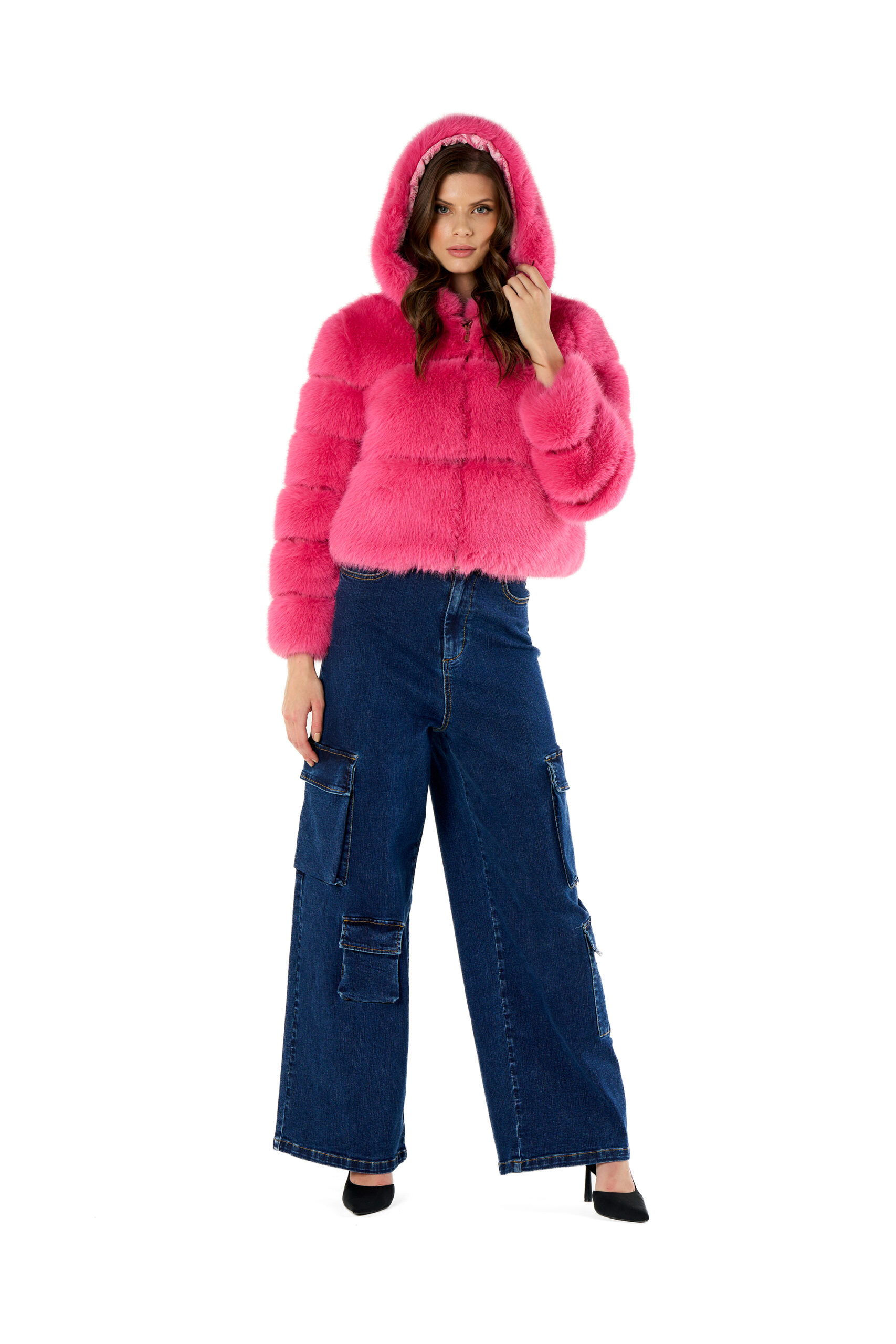 Faux Fur Bomber Jacket With Hood - Image 3
