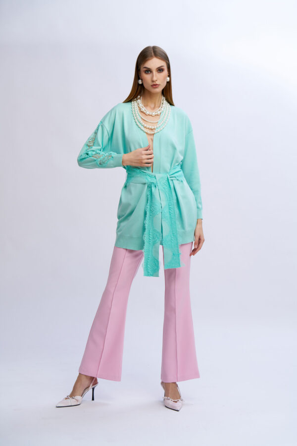 Cardigan lungo con cintura e maniche pizzo - immagine 2