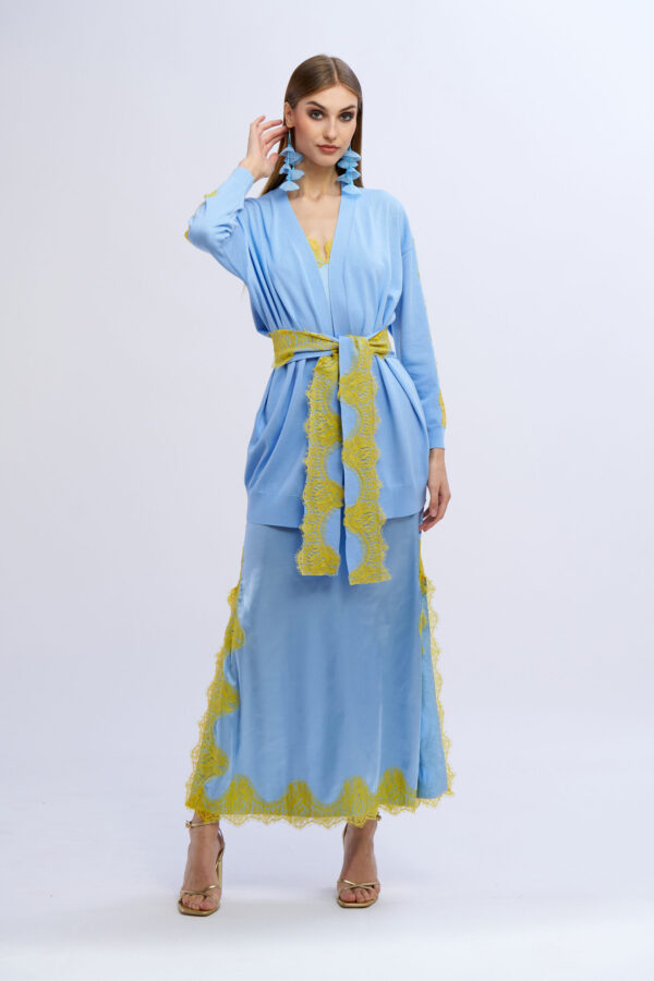 Cardigan lungo con cintura e maniche pizzo - immagine 6
