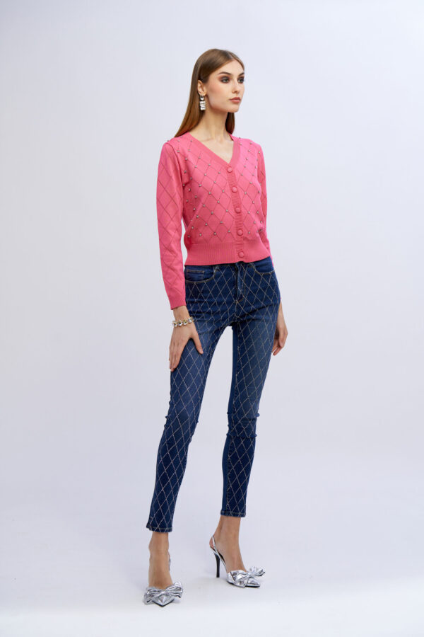 Cardigan punzonato con diamanti - immagine 4