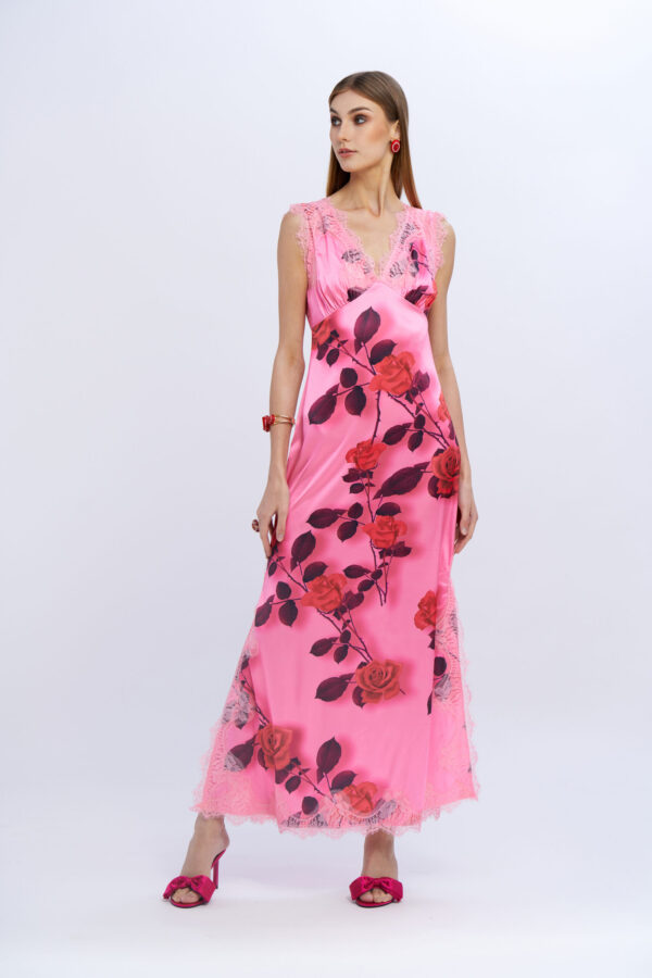 Satin and Printed Lace Dress with Wide Straps - Image 4