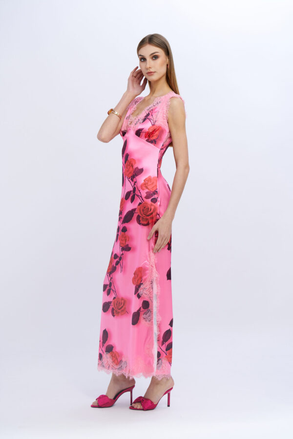 Satin and Printed Lace Dress with Wide Straps - Image 6