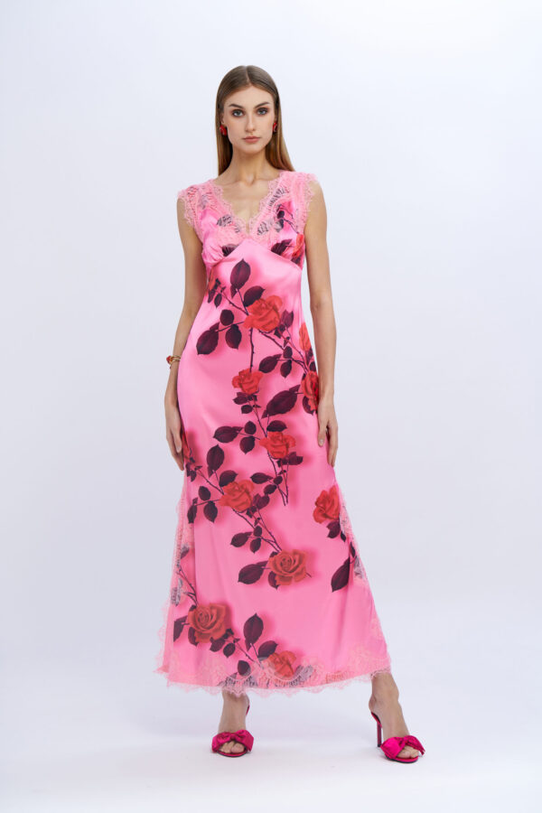 Satin and Printed Lace Dress with Wide Straps - Image 7