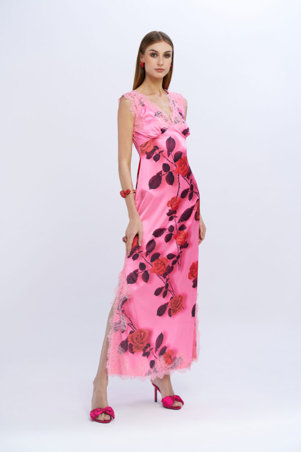 Satin and Printed Lace Dress with Wide Straps - Image 9