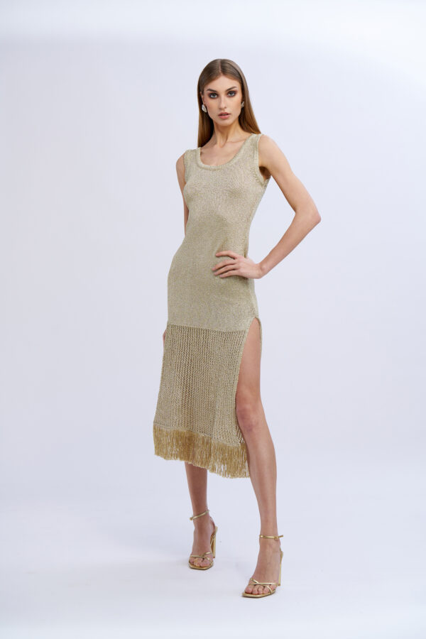 Abito maglia lungo con spacco e frange