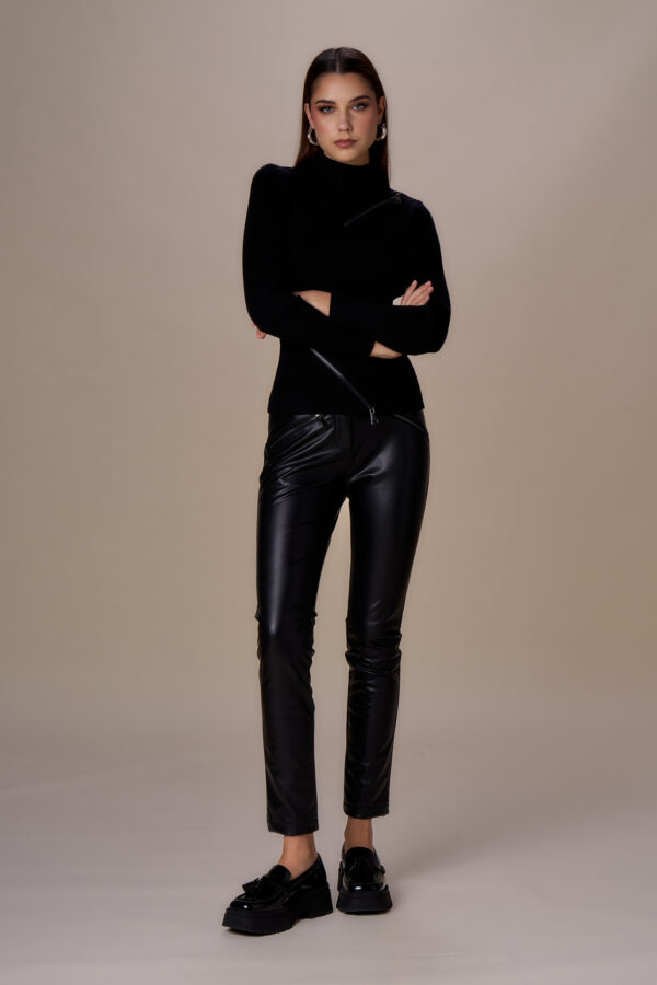 Zip-up leather-like trousers
