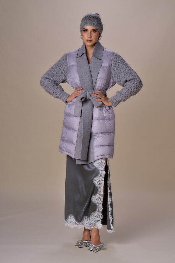 Long cable knit down jacket