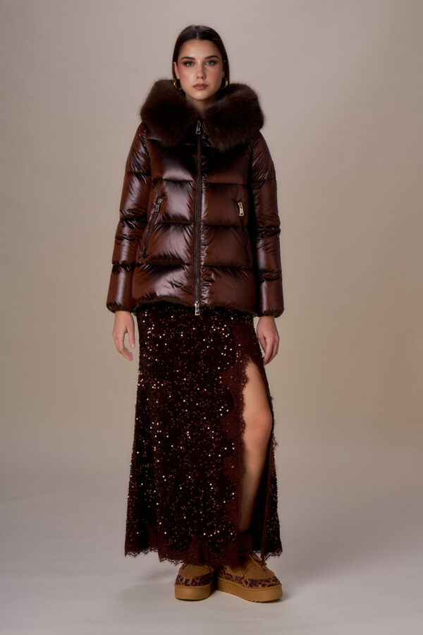 Cape down jacket with faux fur collar