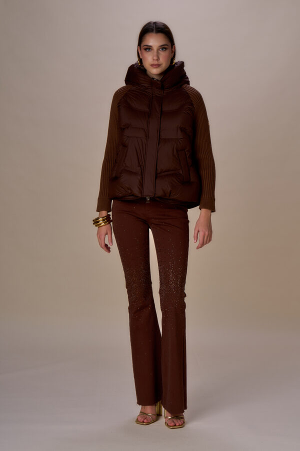 Down jacket with ribbed knit sleeves