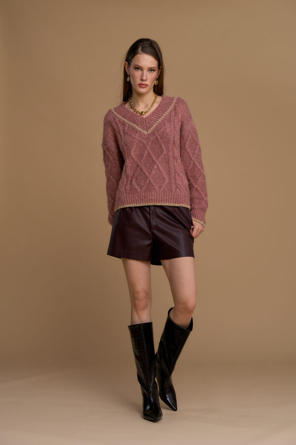 V-neck cable knit sweater with lurex trim