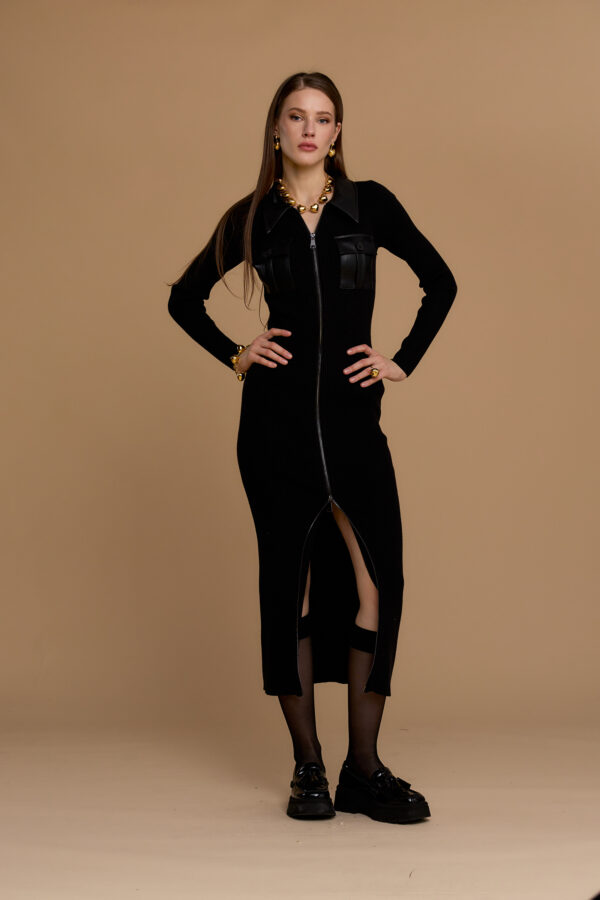 Abito zip e taschine simil pelle