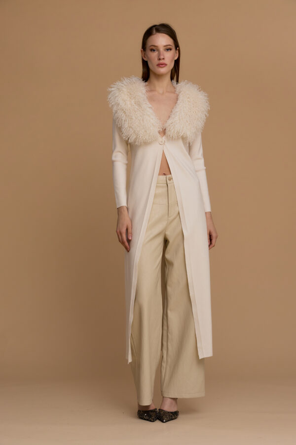 Long cardigan with faux Mongolian fur collar