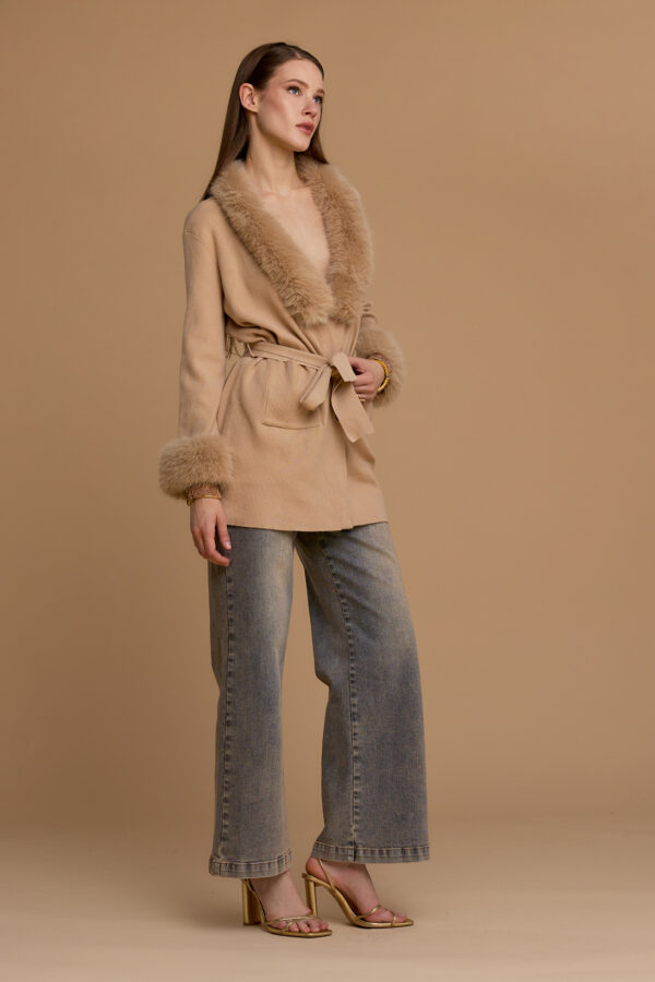 Long belted cardigan with faux fur collar