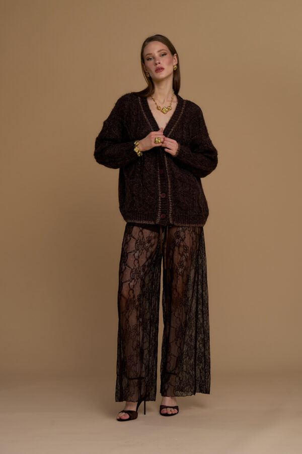 Cable knit cardigan with lurex trim