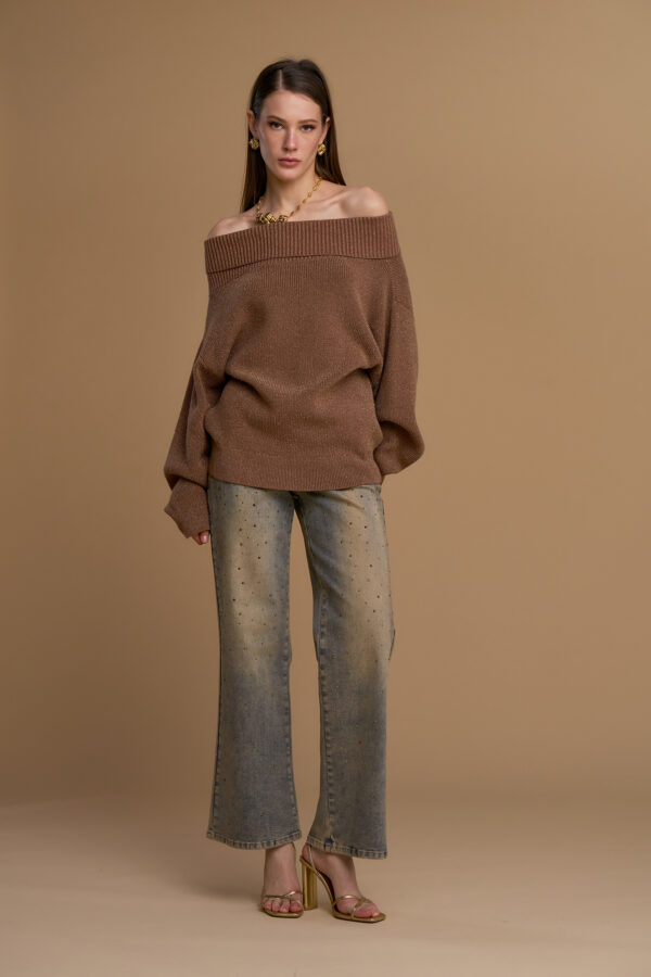 Cable knit lurex cowl-neck sweater