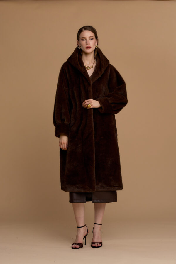 Long hooded faux fur coat