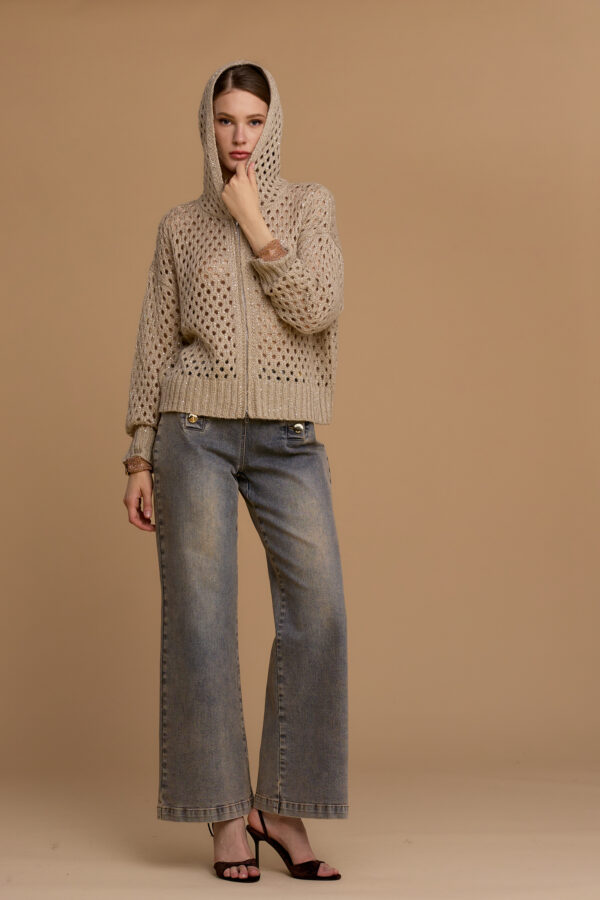 Openwork hooded zip sweater