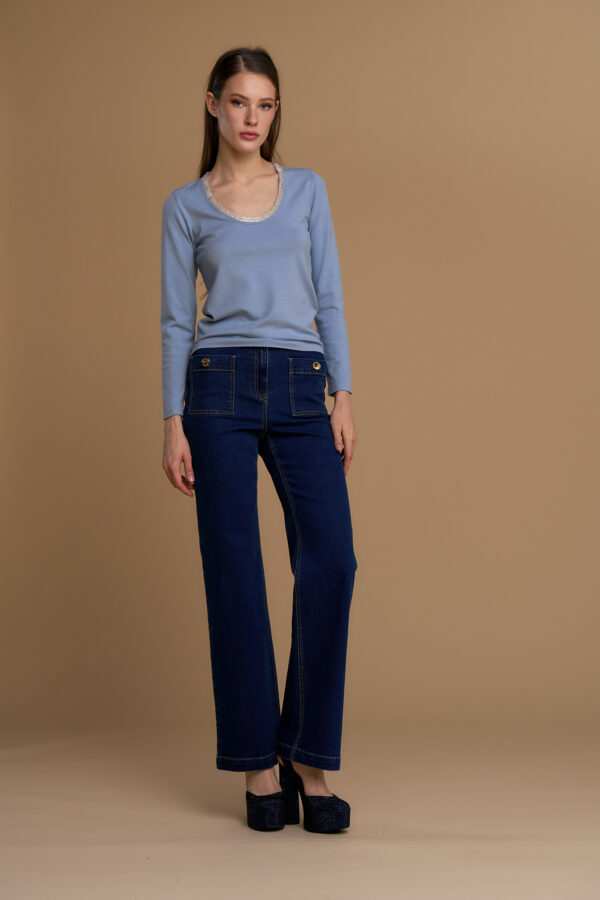 Crewneck sweater with rhinestone trim
