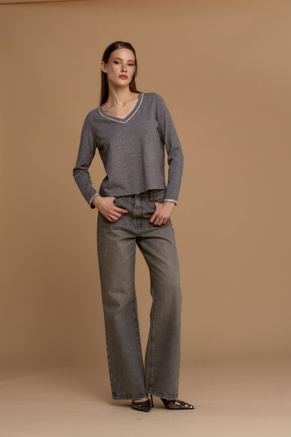 V-neck sweater with rhinestone trim