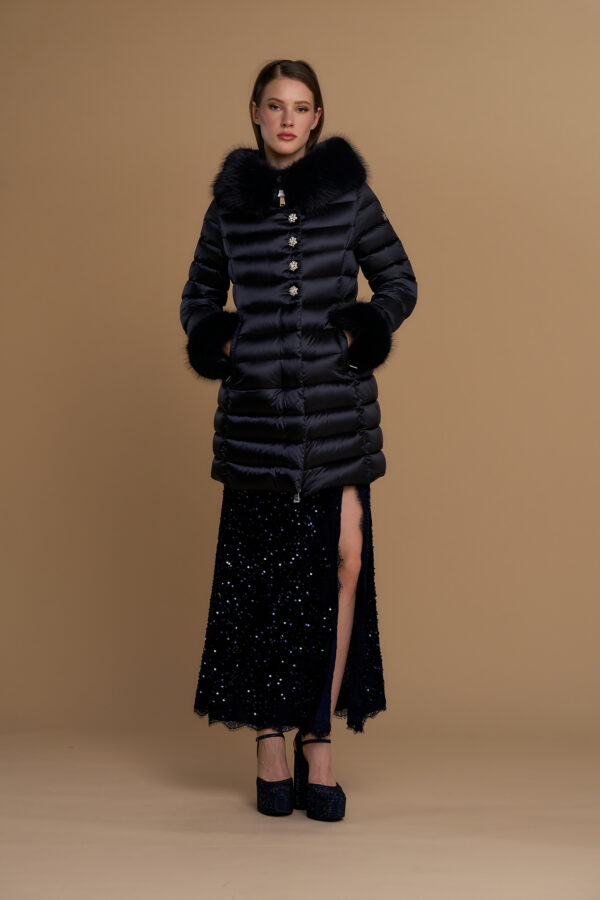 Iconic long single-breasted down jacket