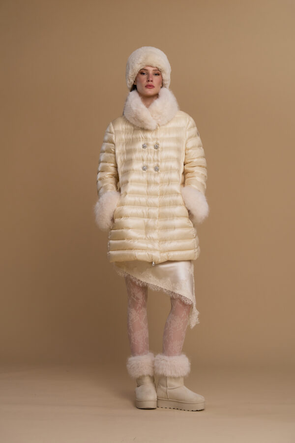 Iconic long double-breasted down jacket