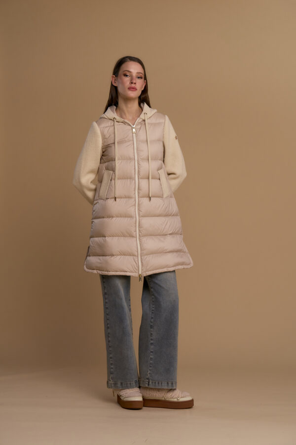 Long down jacket with knit inserts