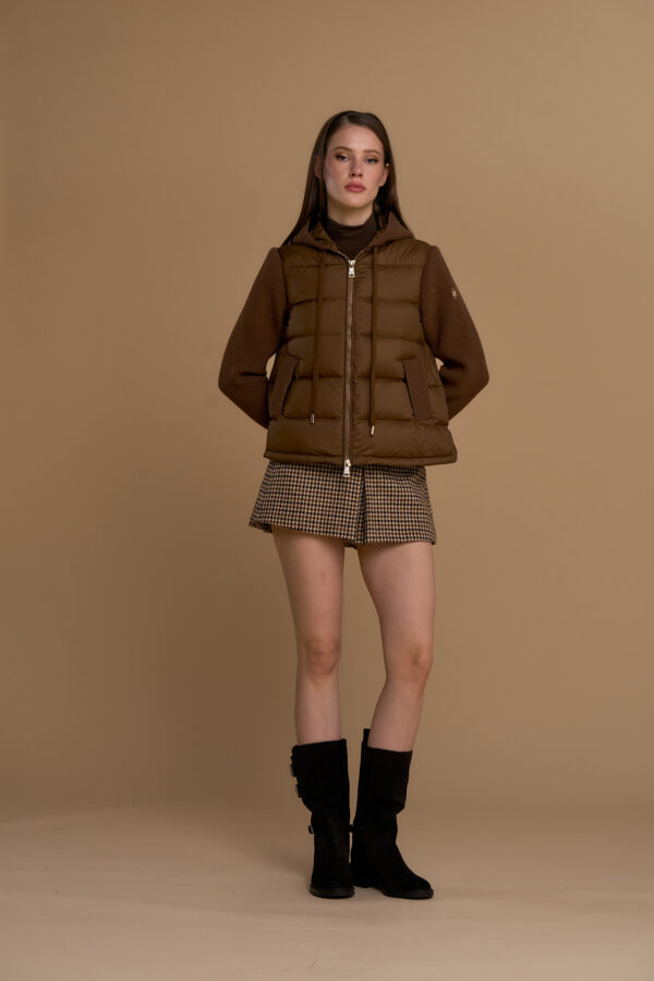 Cape down jacket with knit inserts