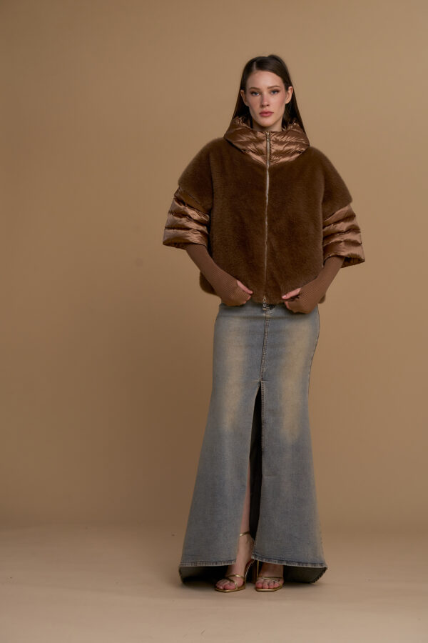 Faux fur cape down jacket with arm warmers